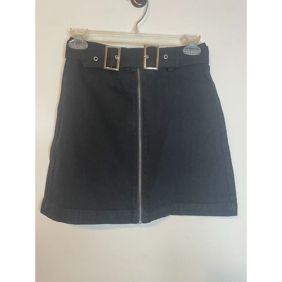 Fashion Nova Womens Front Zipper Denim Mini Skirt Belted Waist Size S Black - Picture 2 of 6